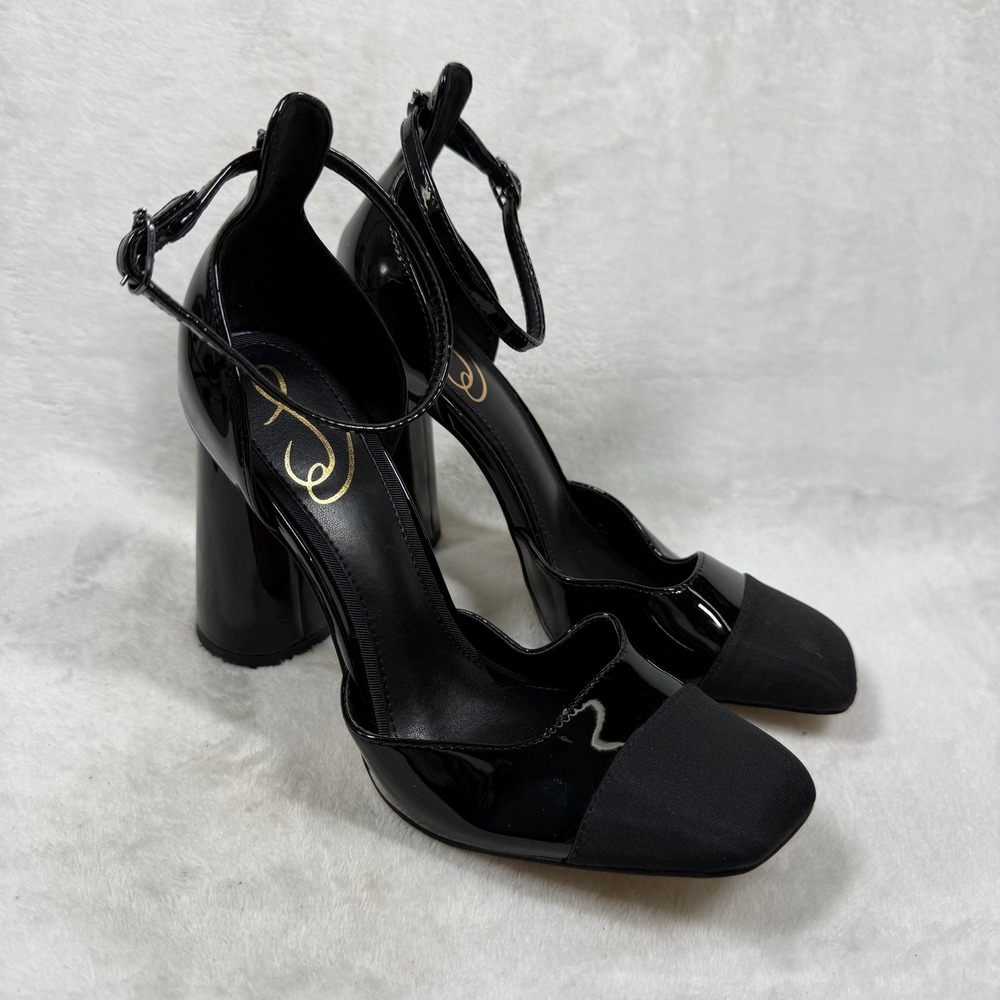 Sam Edelman Black Patent Square Cap Toe Ankle Strap Block Heel Pumps 6.5